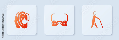Set Blind glasses, Hearing aid and human holding stick. White square button. Vector