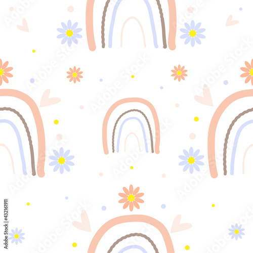 Boho rainbow seamless pattern background. Colorful vector texture for kids cloth design, baby party invitations, nursery wallpaper, gift wrapping paper etc
