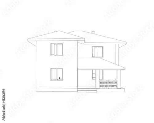 3D linear architectural sketch detached suburban house. Vector illustration.