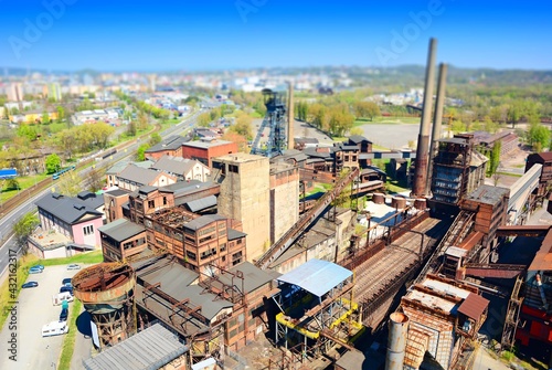 Tilt-shift ironworks factory, aerial view.