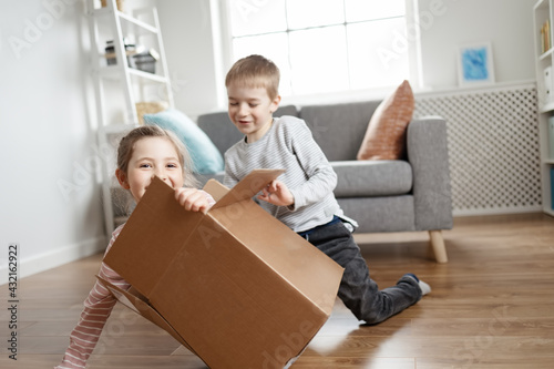 Cute children playing with cardboard box in living room.