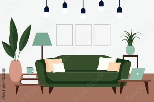 Stylish apartment interiors in Scandinavian style with modern decor. Cozy furnished living room. Cartoon flat vector illustration. Bright, stylish and comfortable furniture with indoor plants.