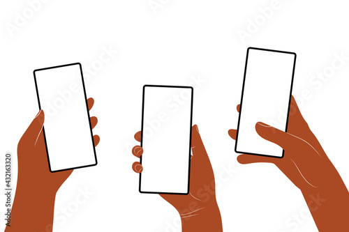 Human hands hold horizontally mobile phone with blank screen. Hand holding phones with empty screens mock up. Flat vector illustration scrolling or searching.