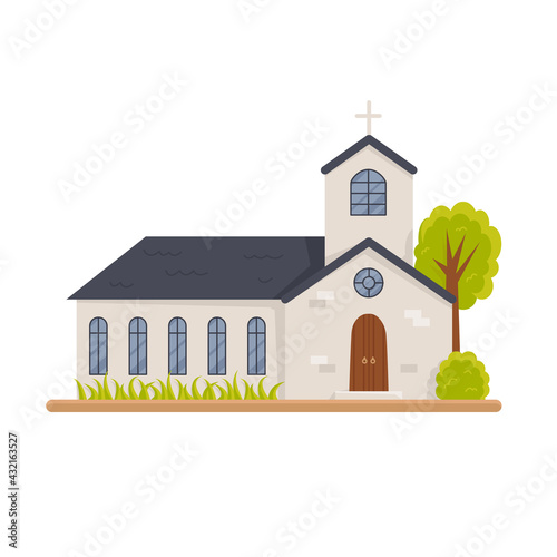 Christian church building isolated on white. Municipal public religious architecture silhouette. Modern stylish monastery, front view. Holy traditional symbol. Vector cartoon flat illustration