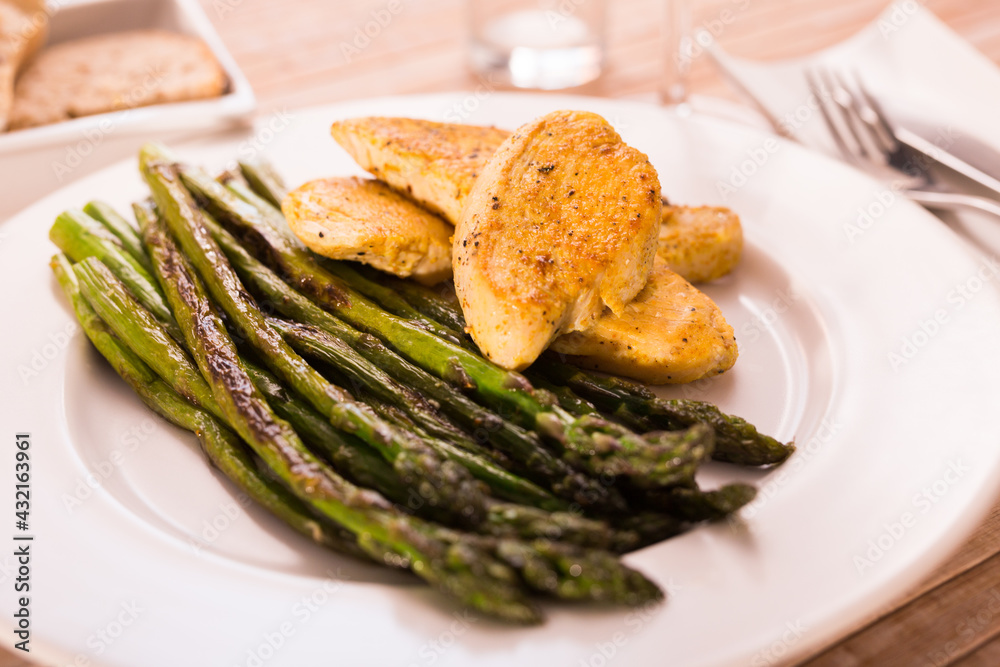 dietary meal rich in protein. Stir fried chicken breast and green asparagus