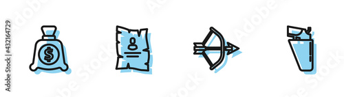 Set line Bow and arrow in quiver, Money bag, Wanted western poster and Revolver gun holster icon. Vector