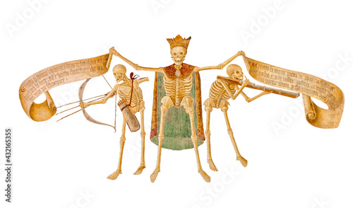 isolated skeleton on white background, Clusone, Fresco, Dance of the Death