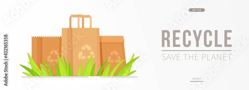 Vector illustration of recyclable paper bags. Cardboard bags standing in the grass. Shopping at the store. 