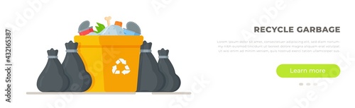 Vector illustration of the site for ordering service garbage collection. Waste box. House cleaning, garbage bag removal.