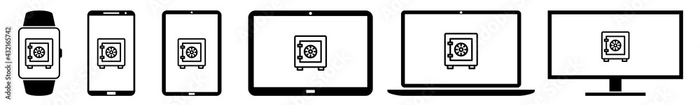 Display safe, bank, vault, money, value, safety, secure Icon Devices Set | Web Screen Device Online | Laptop Vector Illustration | Mobile Phone | PC Computer Smartphone Tablet Sign Isolated Display safe, bank, vault, money, value, safety, secure Icon Devices Set | Web Screen Device Online | Laptop Vector Illustration | Mobile Phone | PC Computer Smartphone Tablet Sign Isolated