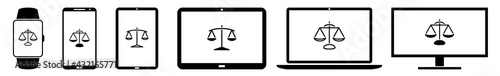 Display scale, justice, law, balance, lawyer, equality Icon Devices Set | Web Screen Device Online | Laptop Vector Illustration | Mobile Phone | PC Computer Smartphone Tablet Sign Isolated
