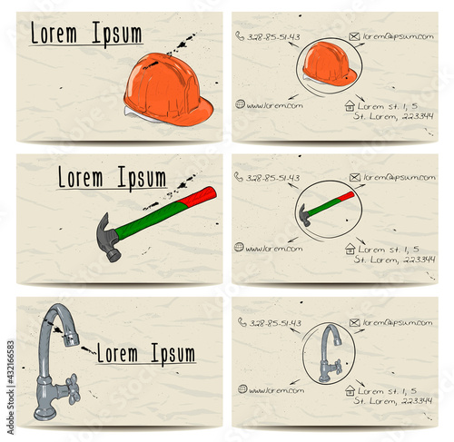 Set of vintage buisiness cards with faucet, hammer and helmet. Vector illustration EPS8