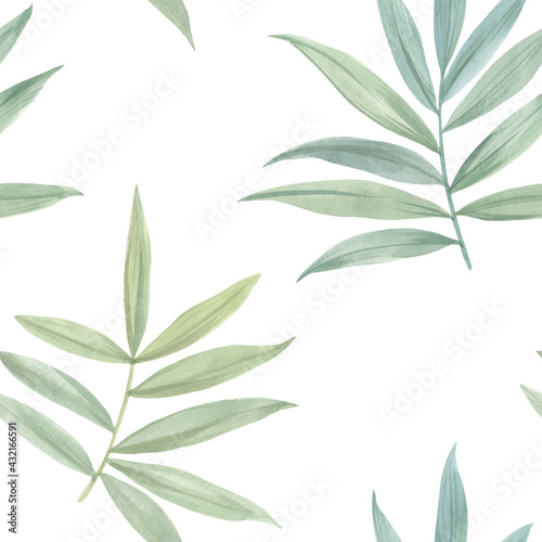 Botanical seamless pattern. Watercolor illustration of green leaves and branches. Leaves painted with watercolors on a white background.
