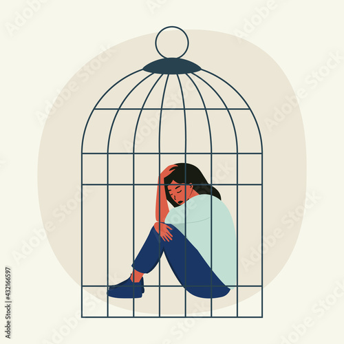 Flat vector illustration of a sad woman sitting in a cage. The concept of women's limitations in society, domestic violence, depression and despair, racism and sexism.