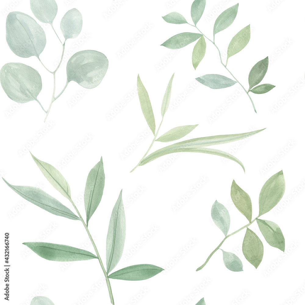 Botanical seamless pattern. Watercolor illustration of green leaves and branches. Leaves painted with watercolors on a white background.