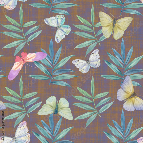 Leaves and butterflies painted with watercolors on an abstract background. Botanical seamless pattern  delicate drawing. Watercolor illustration of green leaves and butterflies.
