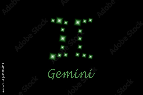 Gemini zodiac sign composed of shining stars on black background