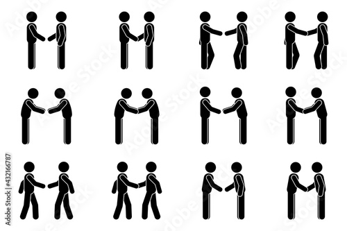 Handshake stick figure man side view poses postures vector illustration set. Stickman business partners at meeting deal agreement silhouette pictogram on white