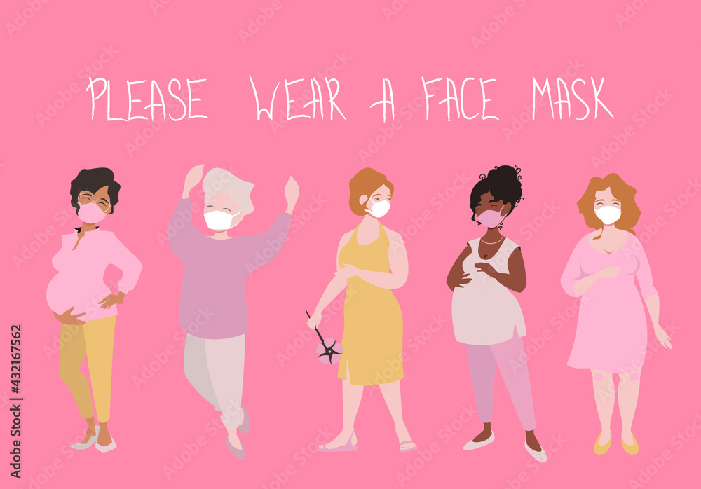 Different Girls wear Face Masks Standing in a Row. Pregnant, young, elder women call for safety outdoors. Vector illustration. Different Girls wear Face Masks Standing in a Row. Pregnant, young, elder women call for safety outdoors. Vector illustration.