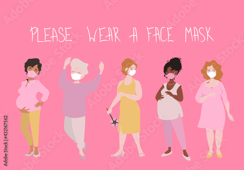 Different Girls wear Face Masks Standing in a Row. Pregnant, young, elder women call for safety outdoors. Vector illustration.