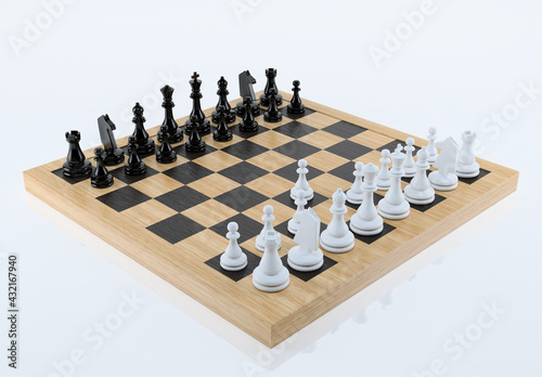Realistic chess on wooden chessboard. 3d Illustration.