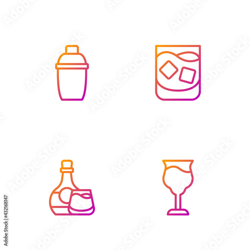 Set line Wine glass, Whiskey bottle and, Cocktail shaker and Glass of whiskey. Gradient color icons. Vector