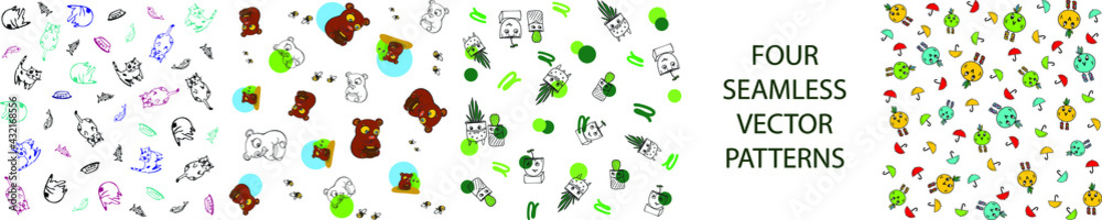 Obraz premium Seamless patterns with funny characters set of four. Repeated backgrounds with cute animals, cats, bear, chicken and house plants in colorful patterns