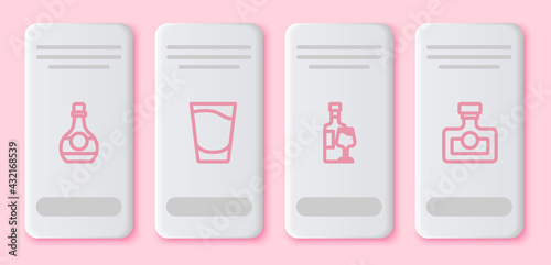 Set line Bottle of cognac or brandy, Shot glass, Wine bottle with and Alcohol drink Rum. White rectangle button. Vector