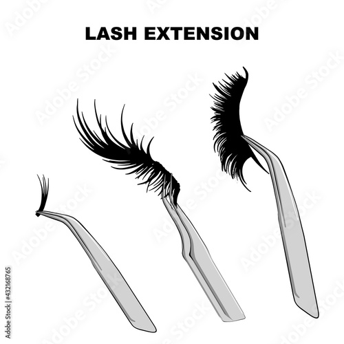 Eyelash types, false eyelashes Extension Procedure. Woman Eye with Long Eyelashes. Doll Lashes in vector