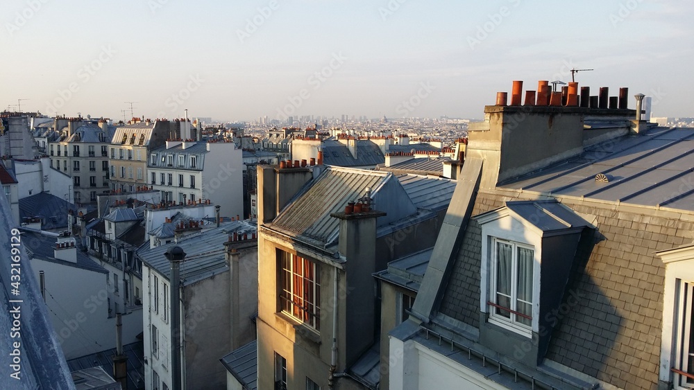Paris skyline with rooftops and chimneys - obrazy, fototapety, plakaty 