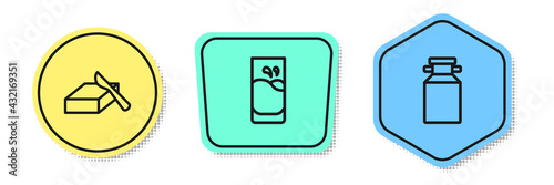 Set line Butter in a butter dish, Glass with milk and Can container for. Colored shapes. Vector