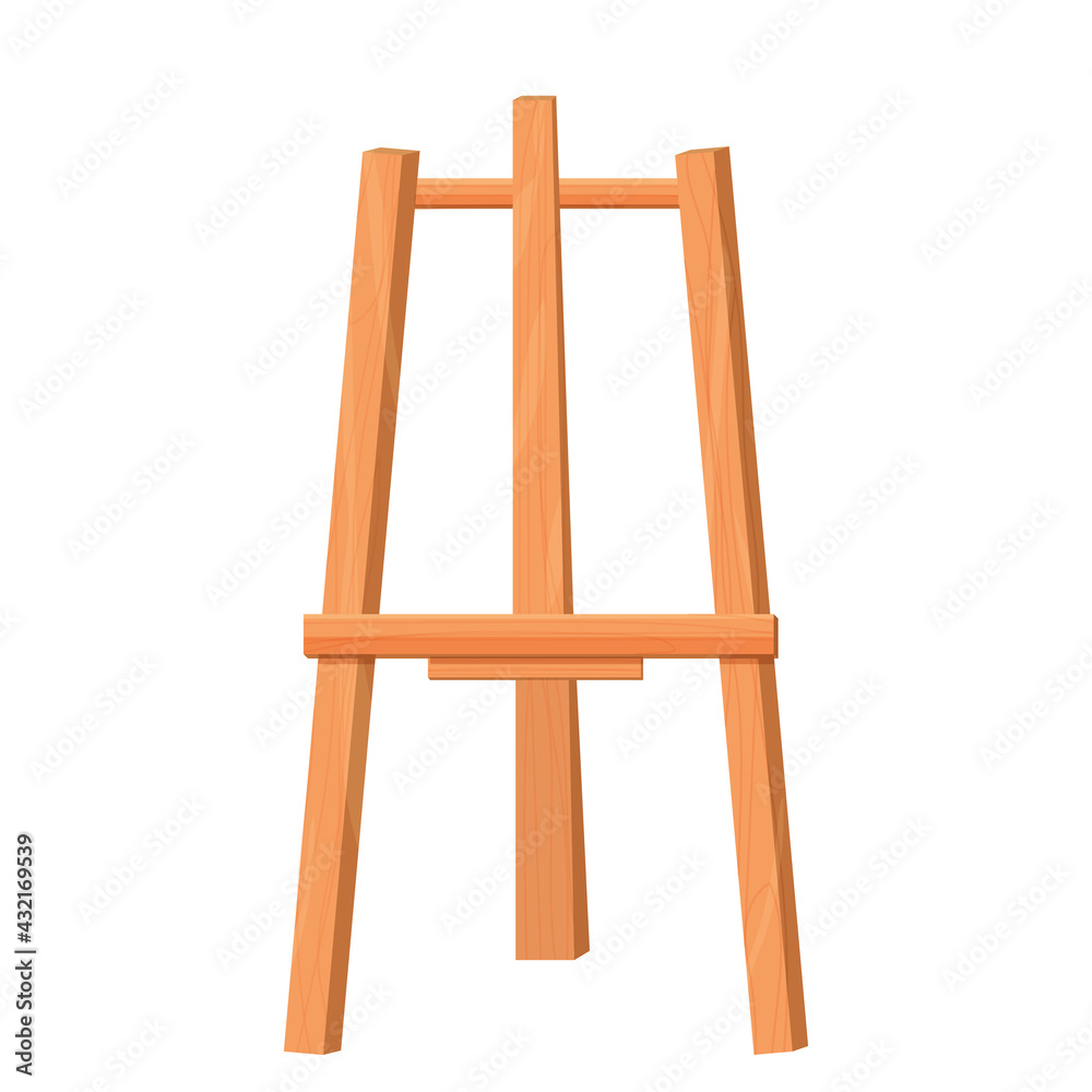 Wooden easel empty blank paper mock up in cartoon style isolated on vector white illustration. Artist equipment, advertising board. Wooden easel empty blank paper mock up in cartoon style isolated on vector white illustration. Artist equipment, advertising board.