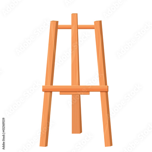 Wooden easel empty blank paper mock up in cartoon style isolated on vector white illustration. Artist equipment, advertising board.