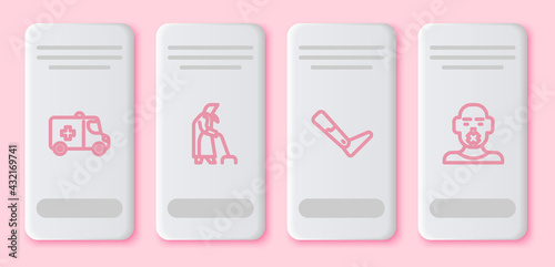 Set line Emergency car, Grandmother, Prosthesis leg and Head of deaf dumb. White rectangle button. Vector