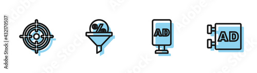 Set line Advertising, Target, Lead management and icon. Vector