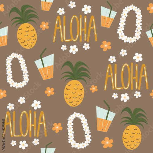 cute summer seamless vector pattern background illustration with hawaiian flowers necklace, pineapples, cocktail and aloha hand drawn text