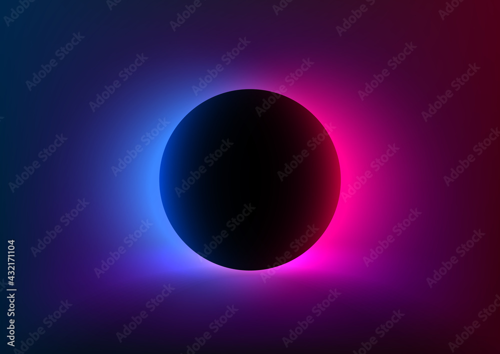 Abstract futuristic background with vivid neon blue pink light behind the black circle. Eclipse concept. Design of banner, poster, flyer for cybersport, and advertising. Vector