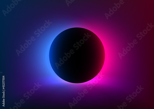 Obraz na płótnie Abstract futuristic background with vivid neon blue pink light behind the black circle. Eclipse concept. Design of banner, poster, flyer for cybersport, and advertising. Vector w salonie