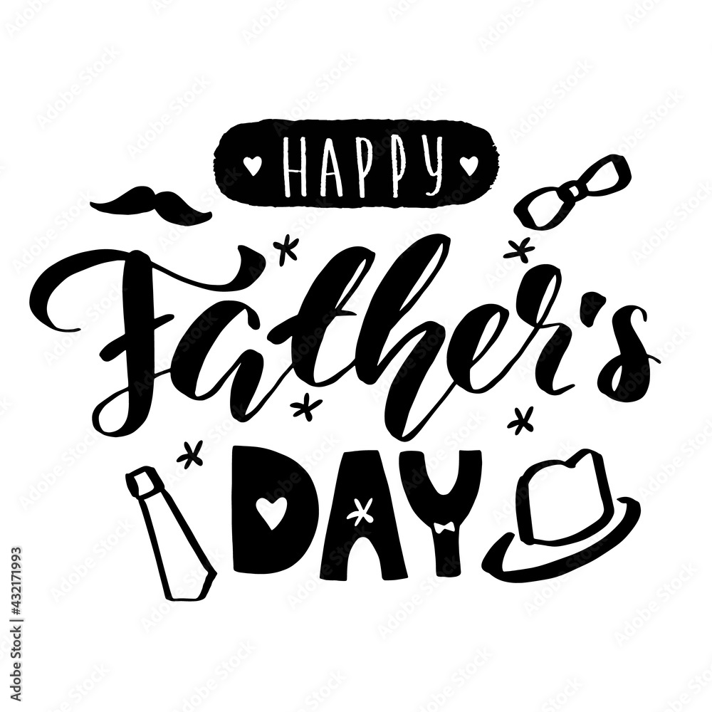 Happy father's day lettering calligraphy card. Vector greeting illustration. Black text on watercolor background