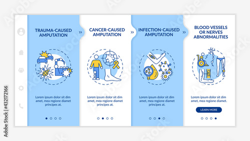 Amputated limb causes onboarding vector template. Responsive mobile website with icons. Web page walkthrough 4 step screens. Trauma, cancer-related amputation color concept with linear illustrations