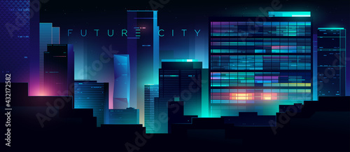 Futuristic night city. Cityscape on a dark background with bright and glowing neon lights. Office buildings. Cyberpunk and retro wave style illustration