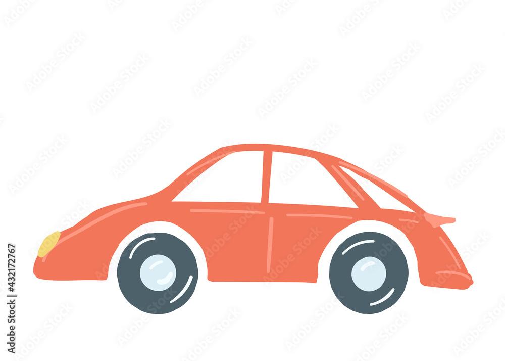 passenger car of red color. isolated. hand drawn cartoon style, vector illustration