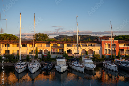 Travel and vacation destination  view on houses  roofs  canals and boats in Port Grimaud  Var  Provence  French Riviera  France