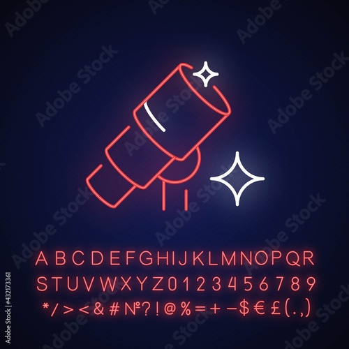 Telescope neon light icon. Optical instrument with lenses for astronomer to observe space bodies. Outer glowing effect. Sign with alphabet, numbers and symbols. Vector isolated RGB color illustration