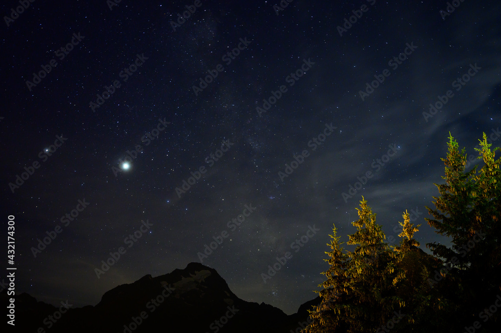Evergreen fir tree with cones, peaks of French Alps mountains and starry sky at night on background Evergreen fir tree with cones, peaks of French Alps mountains and starry sky at night on background