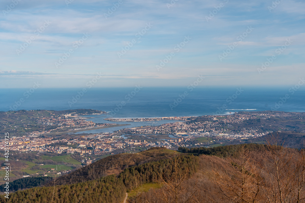 Views of the towns of Hondarribia and Hendaya from the mountains of Aiako Harria or Peñas de Aya, Guipúzcoa. Basque Country