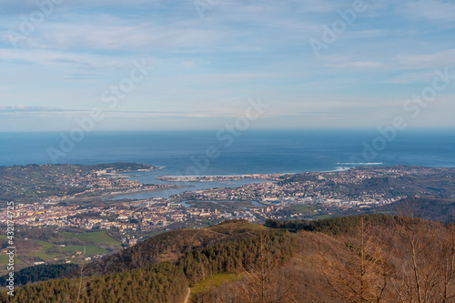 Views of the towns of Hondarribia and Hendaya from the mountains of Aiako Harria or Peñas de Aya, Guipúzcoa. Basque Country