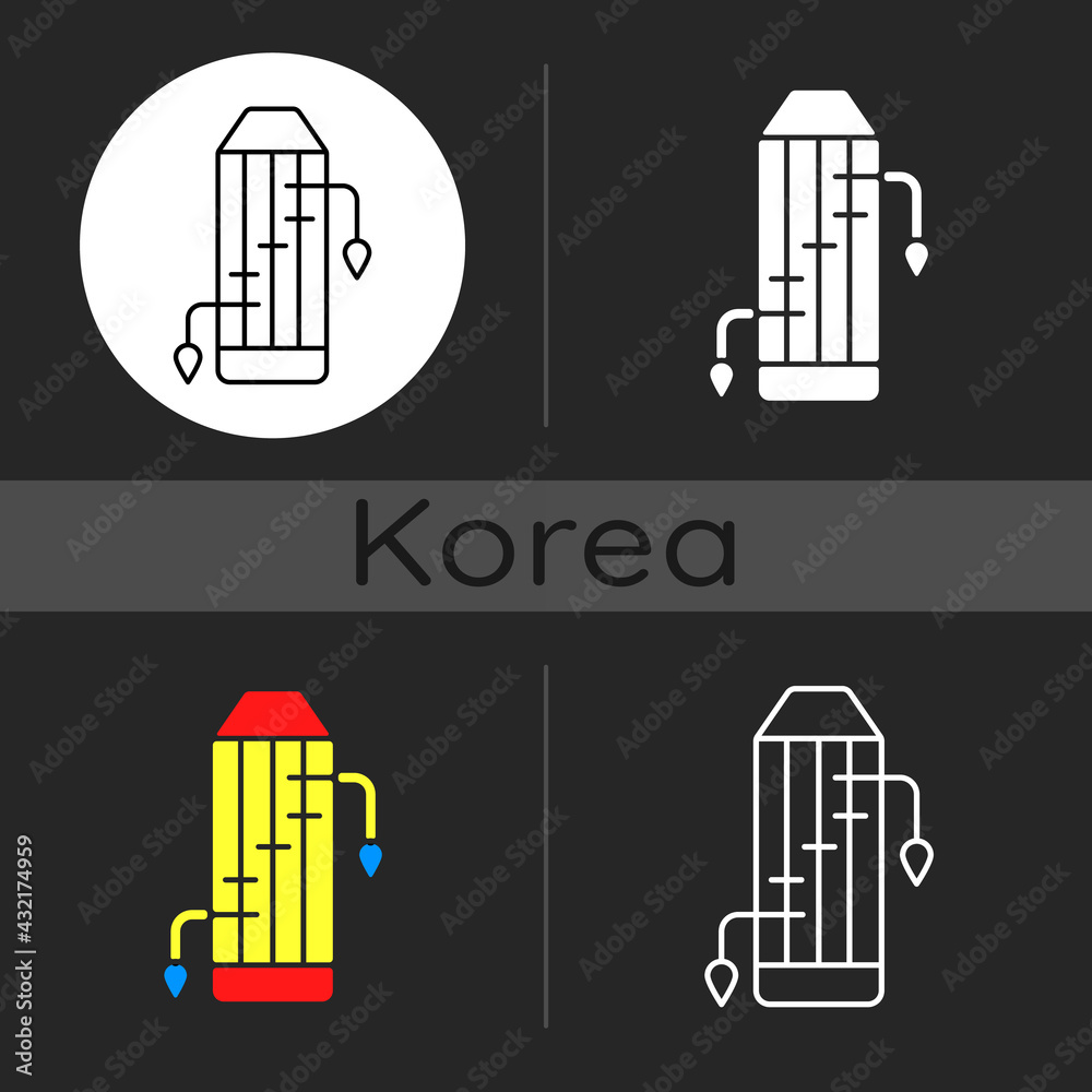 Obraz premium Gayageum dark theme icon. National musical instrument. Performance tool, folk music. Chinese zither. Korean culture. Linear white, simple glyph and RGB color styles. Isolated vector illustrations