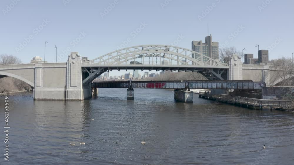 Boston University bridge, Massachusetts . Aerial forward shot on sunny day, Boston University bridge, Massachusetts . Aerial forward shot on sunny day,