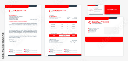 red corporate identity, including letterhead, invoice, envelop and business card